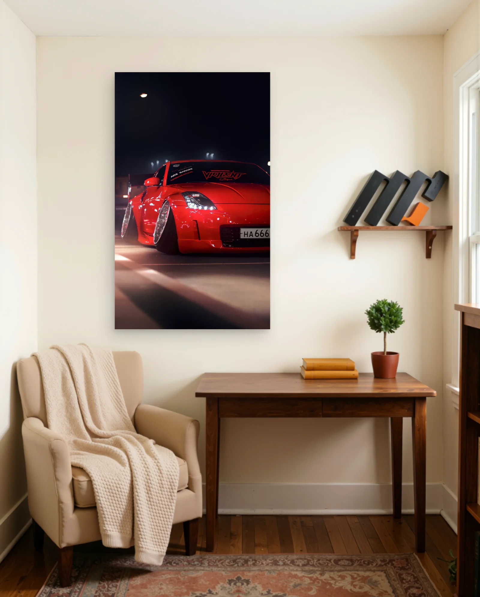 Red Nissan 350Z Widebody Stanced Night Poster — framed wall art poster by Memocult