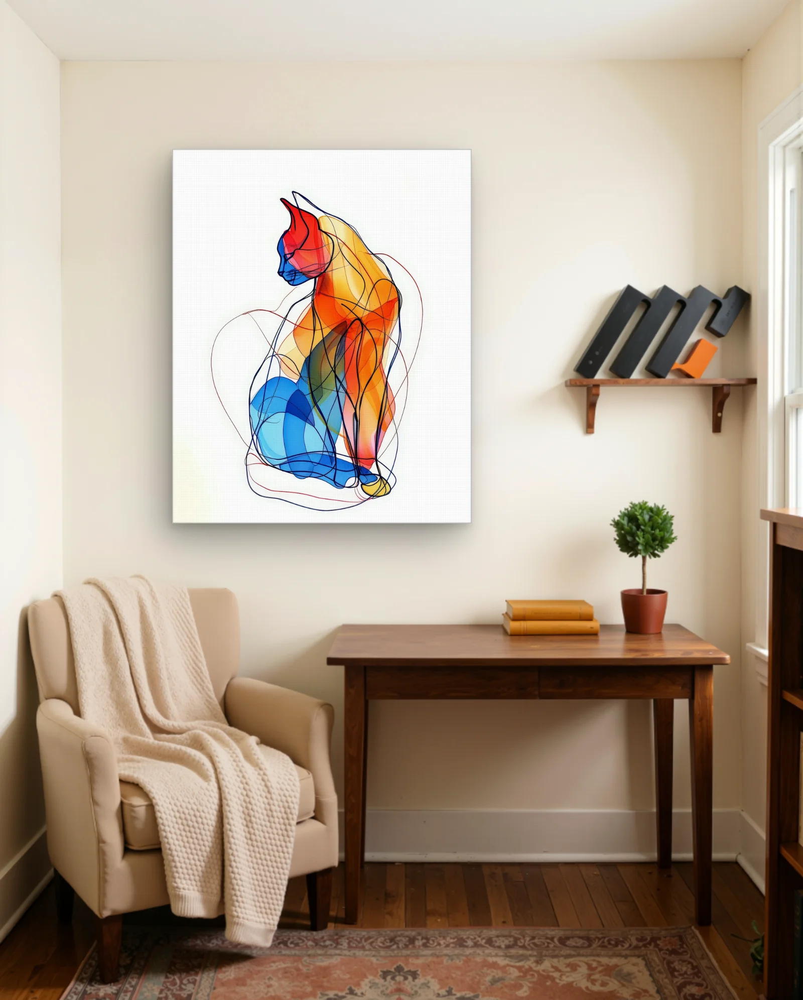 Cat Profile Orange Blue Line Art Wall Art — Modern Digital Art abstract & modern wall art poster