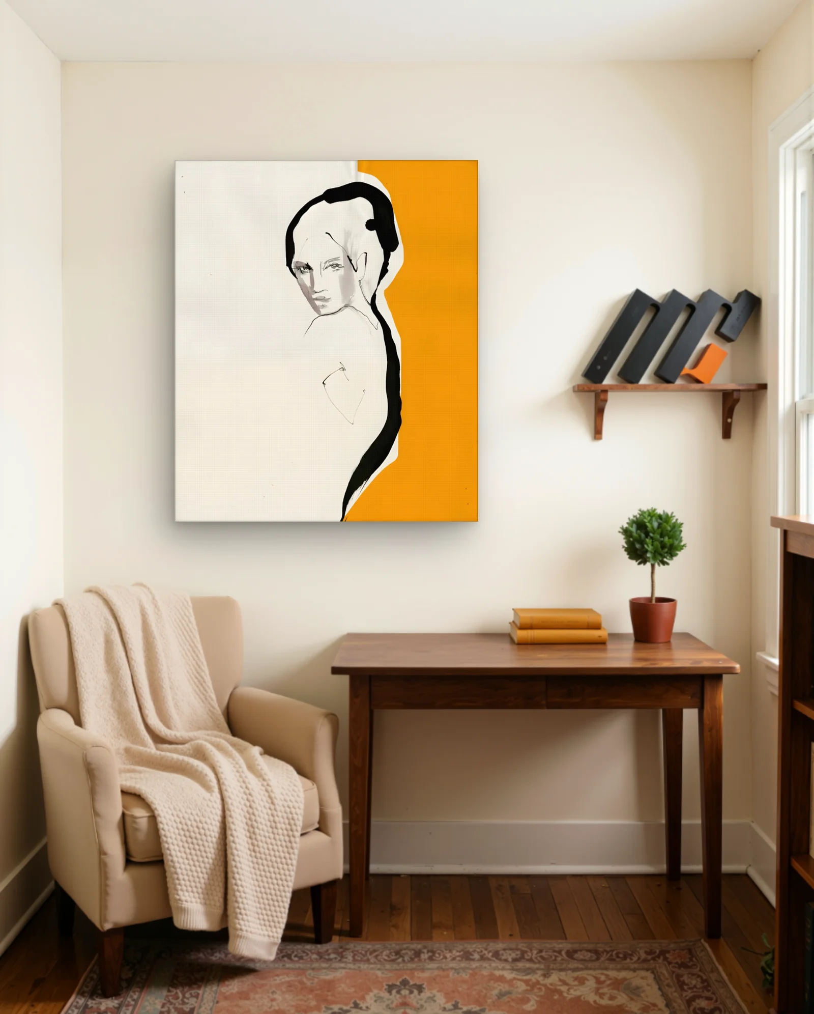 Woman Profile Black Ink Orange Wall Art — Modern Digital Art abstract & modern wall art poster