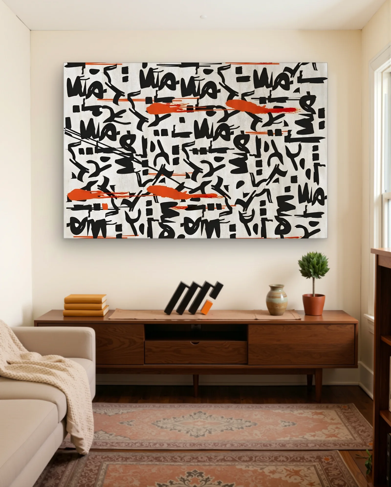 Black Calligraphic Glyphs Orange Brush Splat Wall Art — Modern Digital Art abstract & modern wall art poster