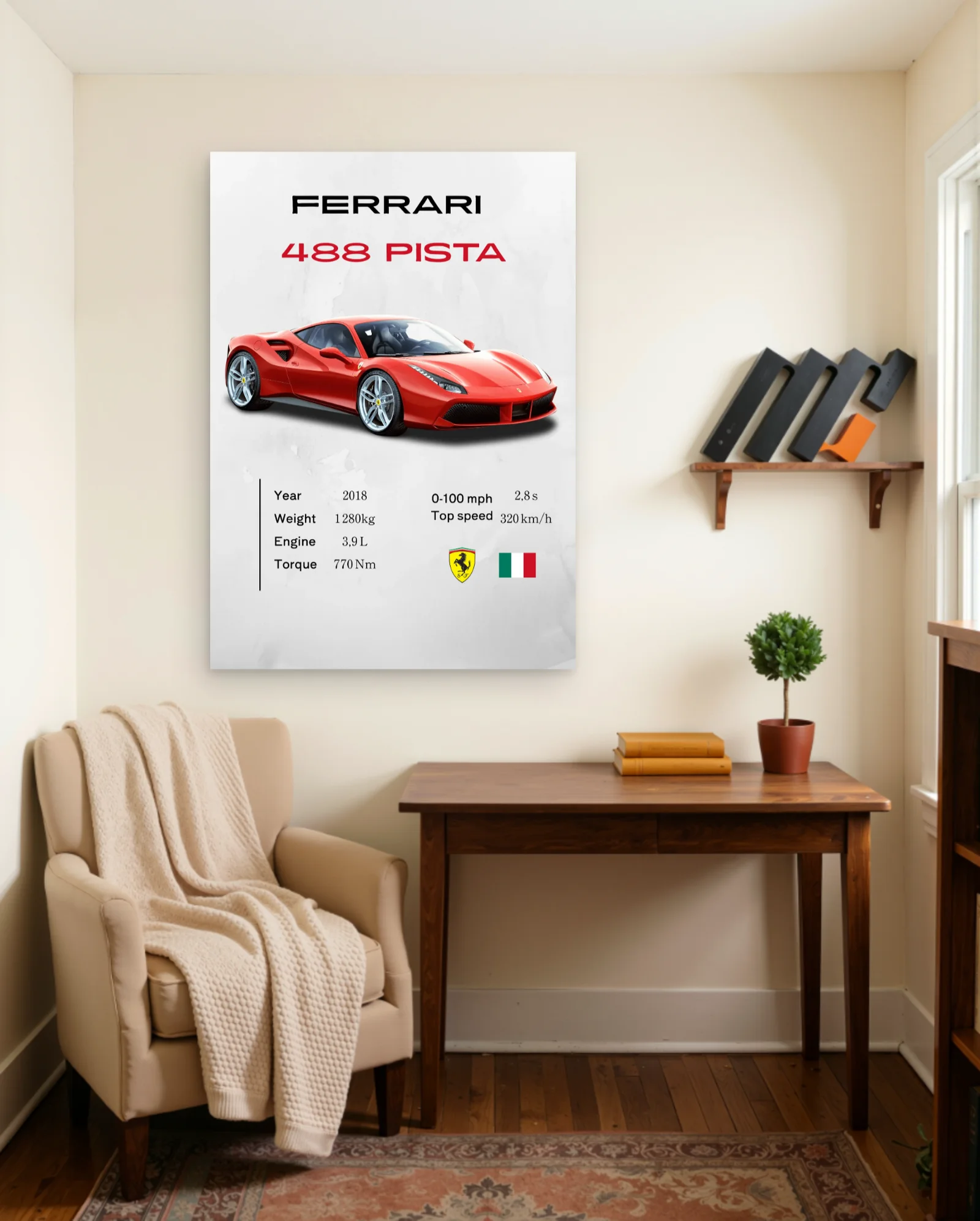 Ferrari 488 Pista — Red front three-quarter spec poster — framed wall art poster by Memocult