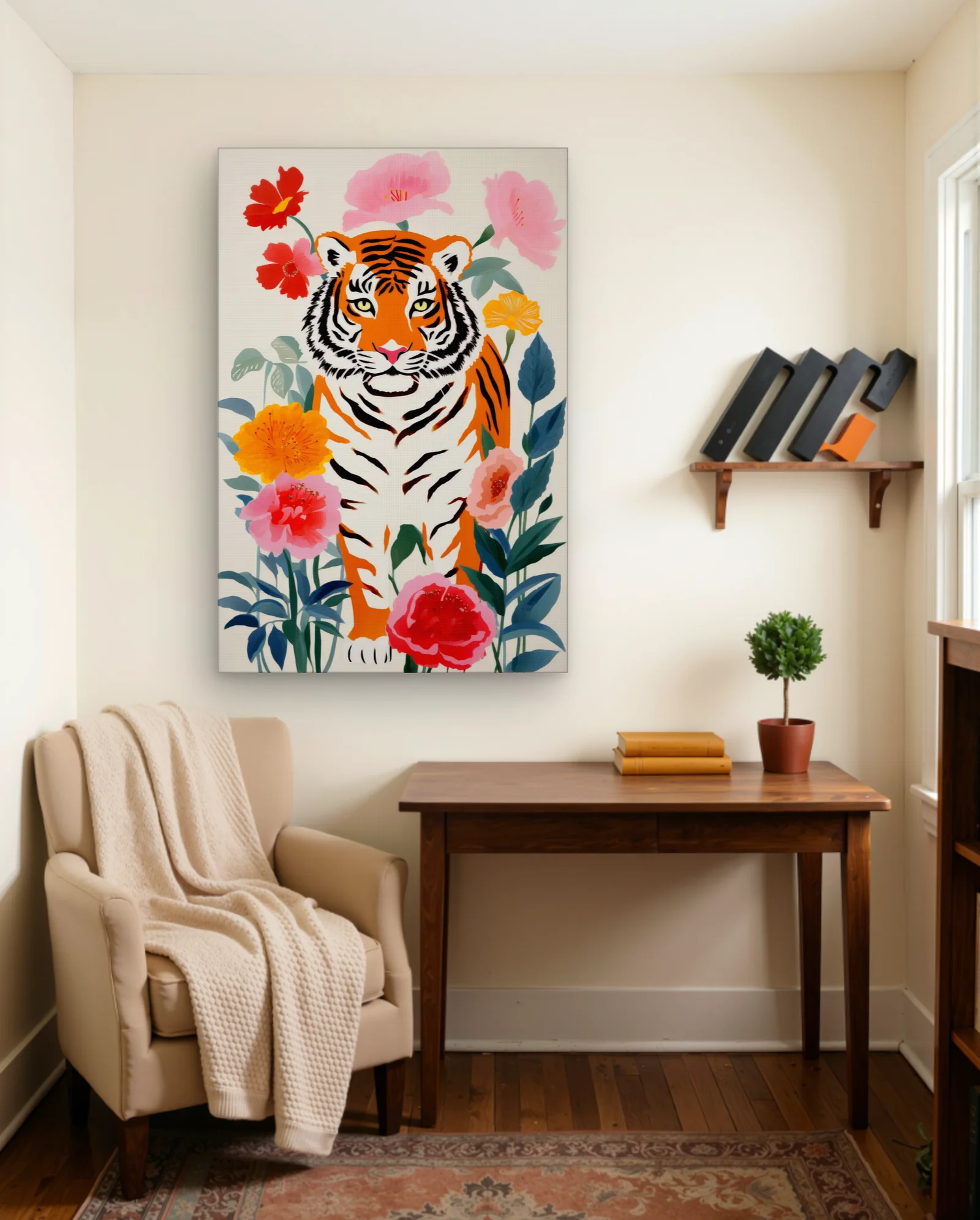 Orange Tiger With Peonies And Poppies Wall Art — framed wall art poster by Memocult