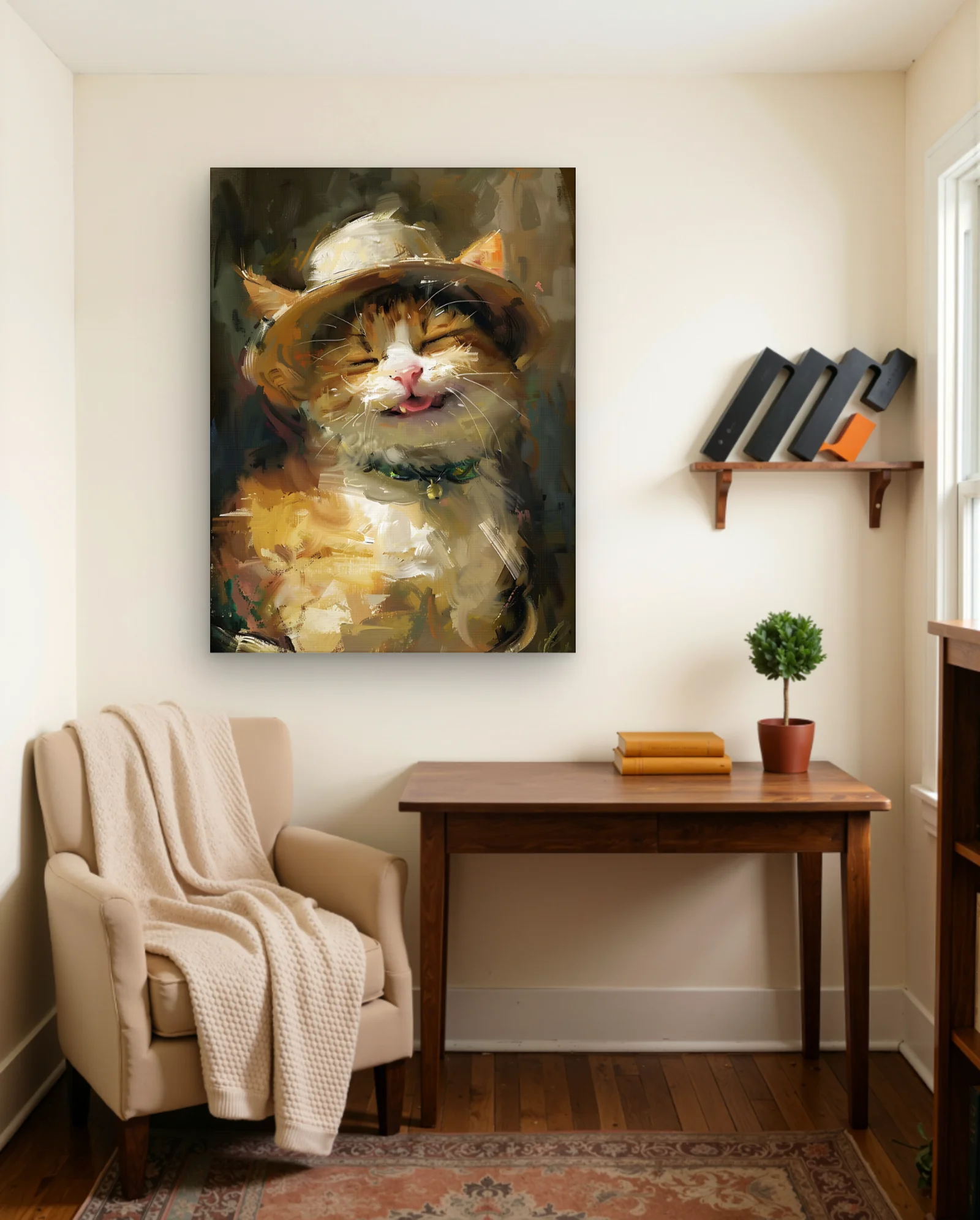 Tabby Cat With Straw Hat And Bell Wall Art — framed wall art poster by Memocult