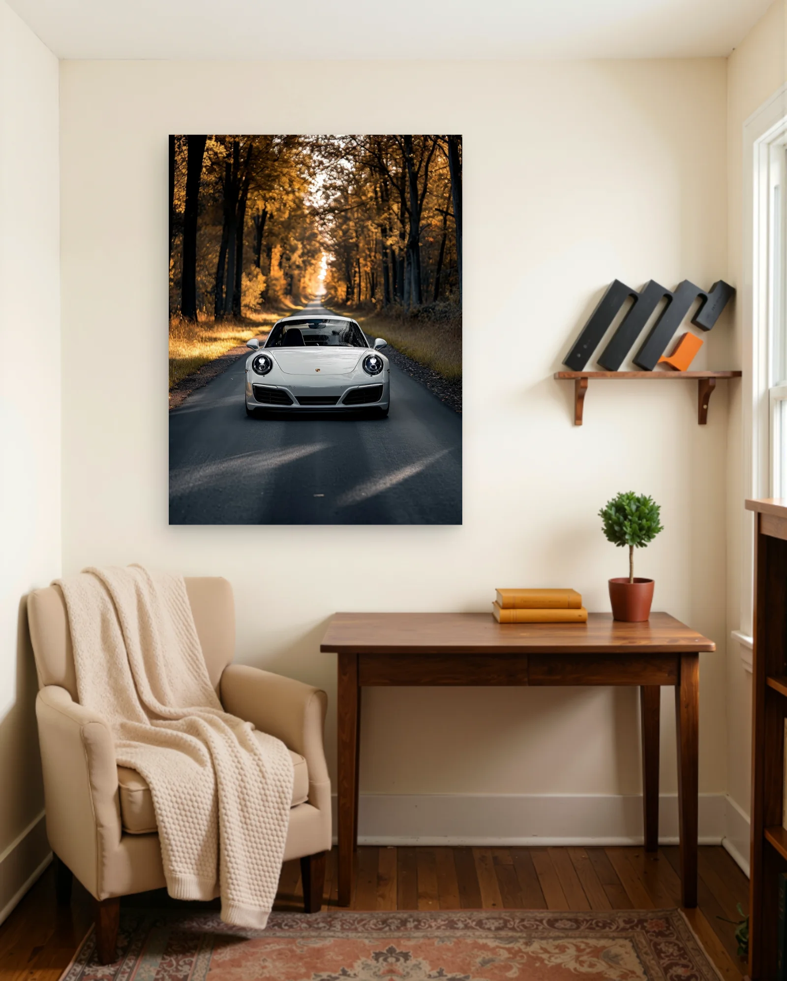 White Porsche 911 Autumn Road Poster — framed wall art poster by Memocult