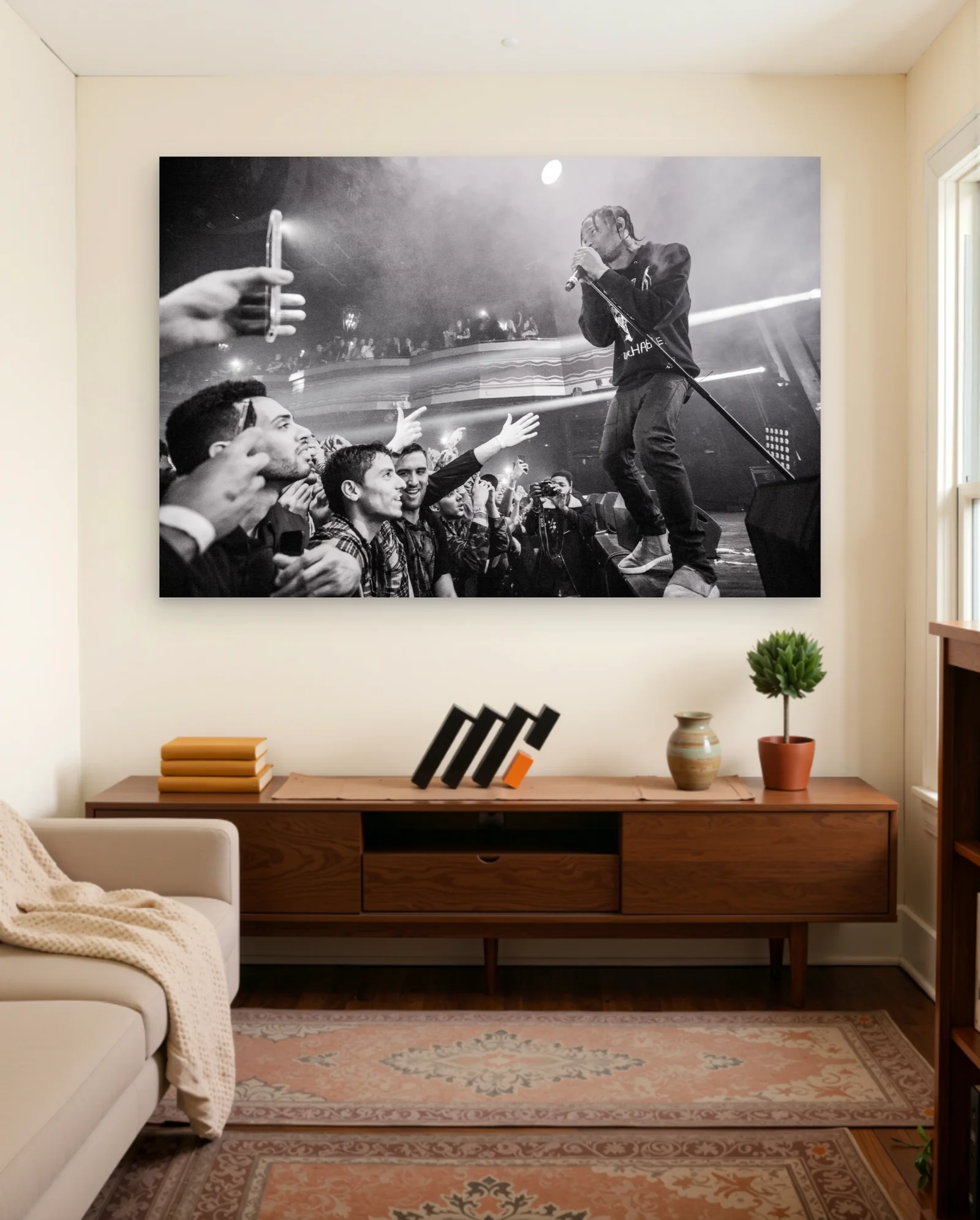 Travis Scott Performing Live Black And White Poster — framed wall art poster by Memocult