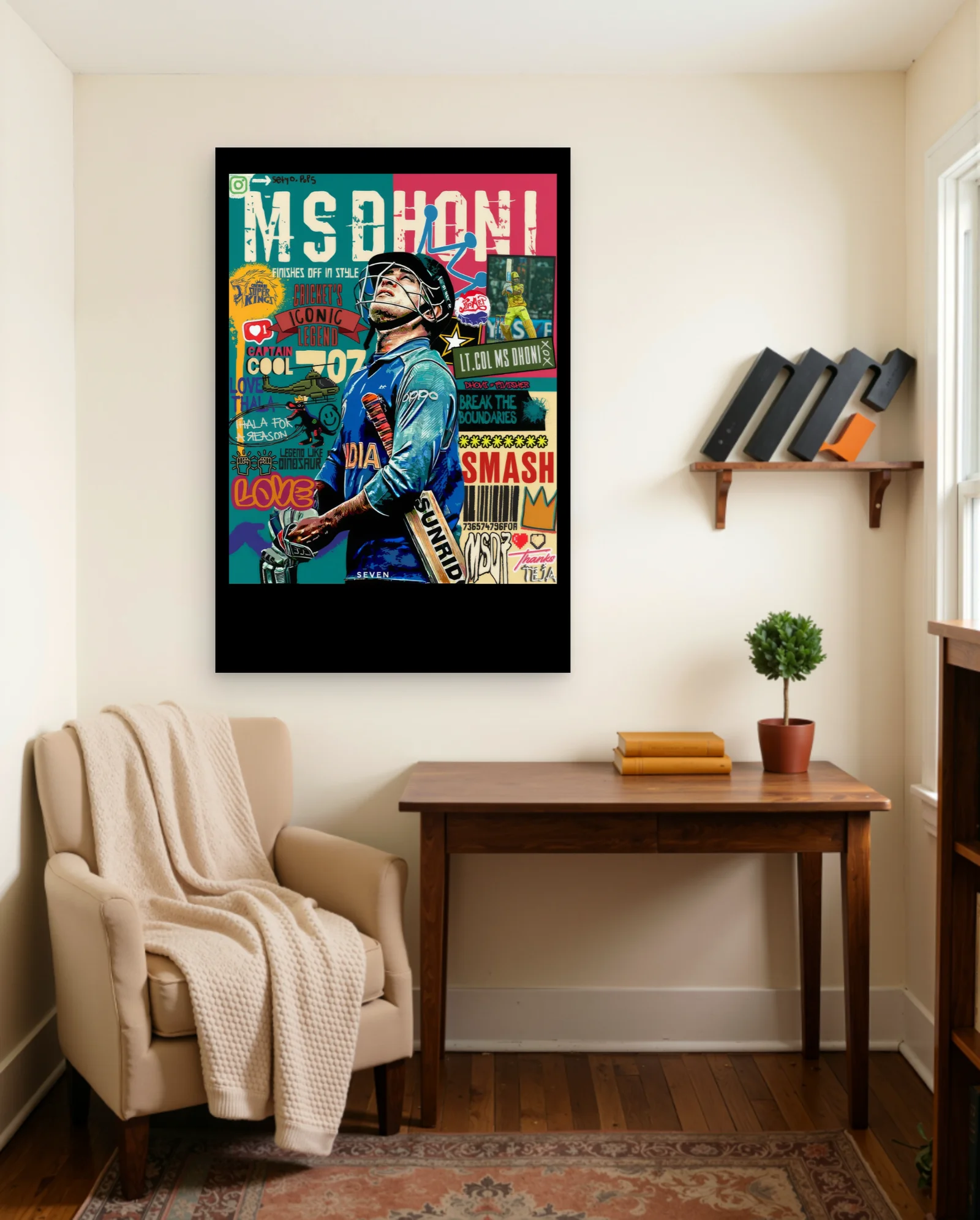 MS Dhoni Cricket Legend Poster — framed wall art poster by Memocult
