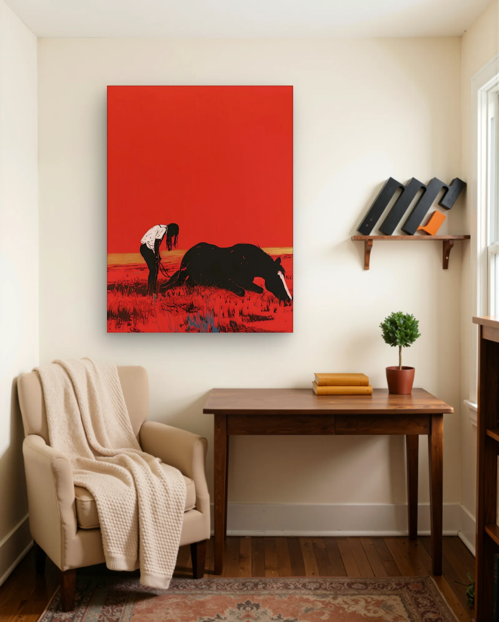 Bent Figure With Fallen Horse Red Field Wall Art — Abstract abstract & modern wall art poster
