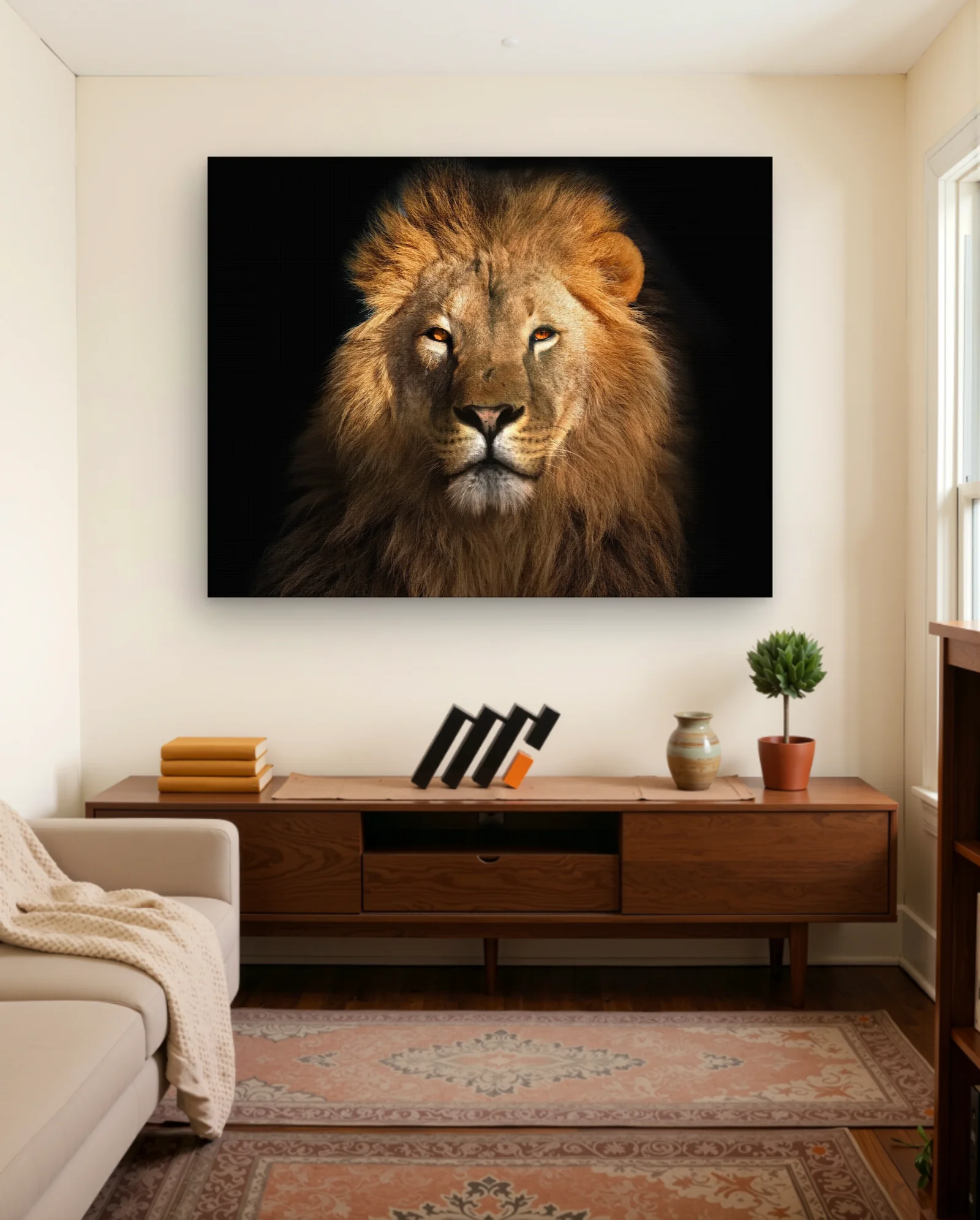 Lion Golden Mane Amber Eyes Wall Art — framed wall art poster by Memocult