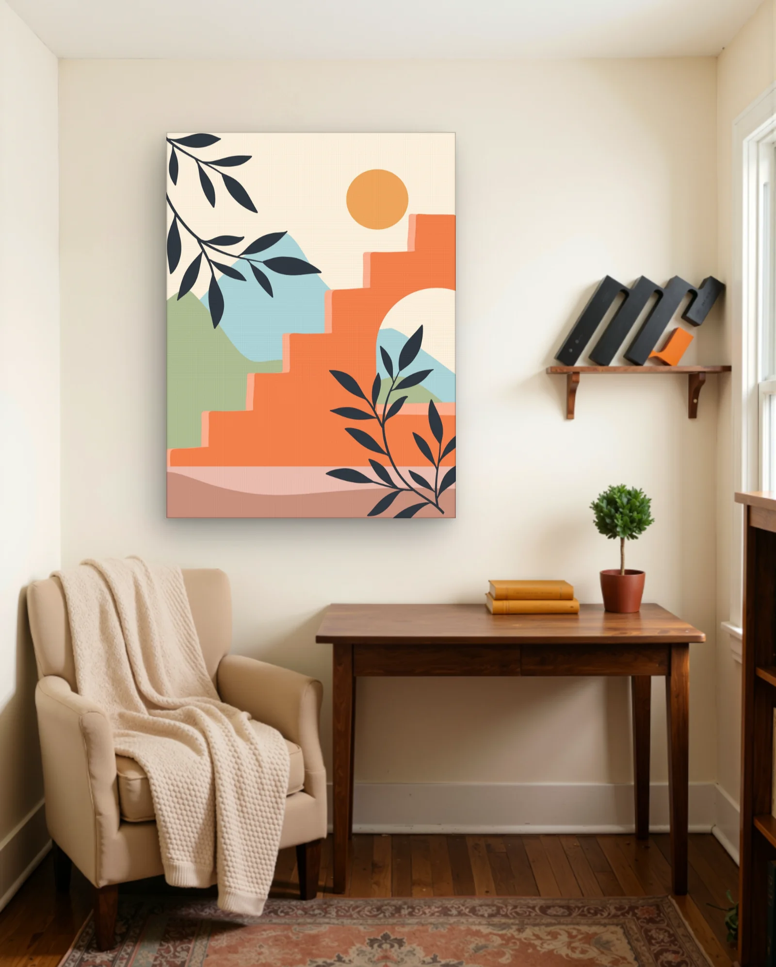 Terracotta Steps Olive Branch Sunset Wall Art — framed wall art poster by Memocult