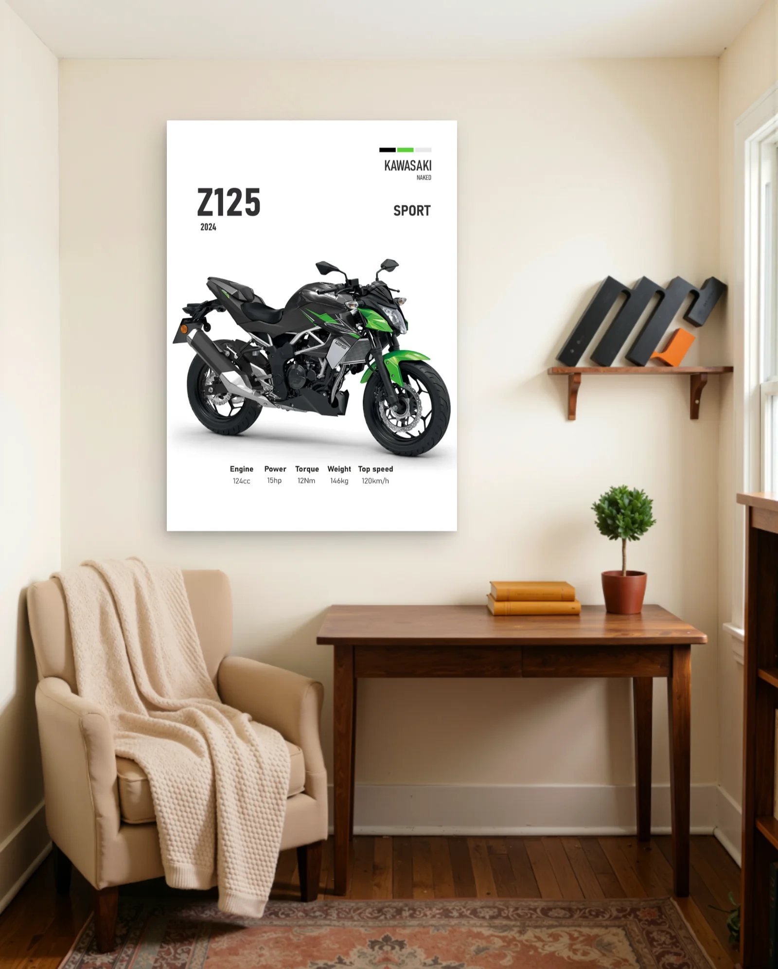 Kawasaki Z125 Naked Sport 2024 Poster — framed wall art poster by Memocult