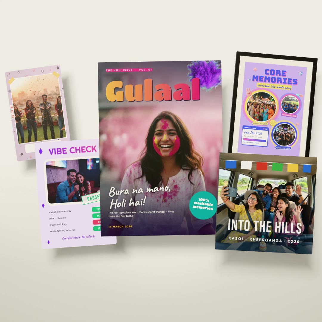 A photobook, magazine, framed print, postcard and retro print together