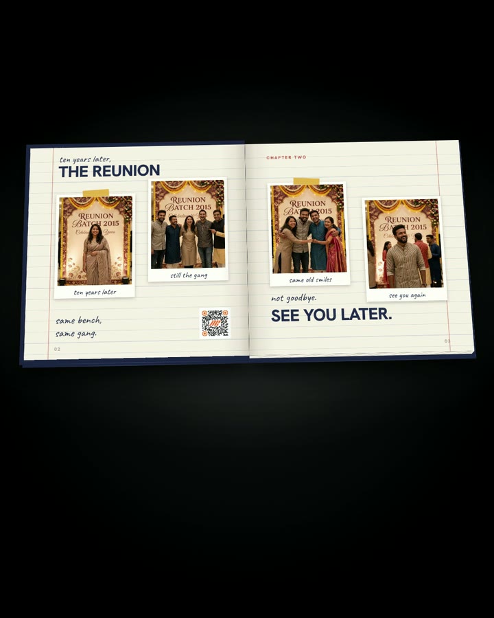 A phone scans the QR code on an open photobook spread, then each photo it points at plays as a video on the phone screen
