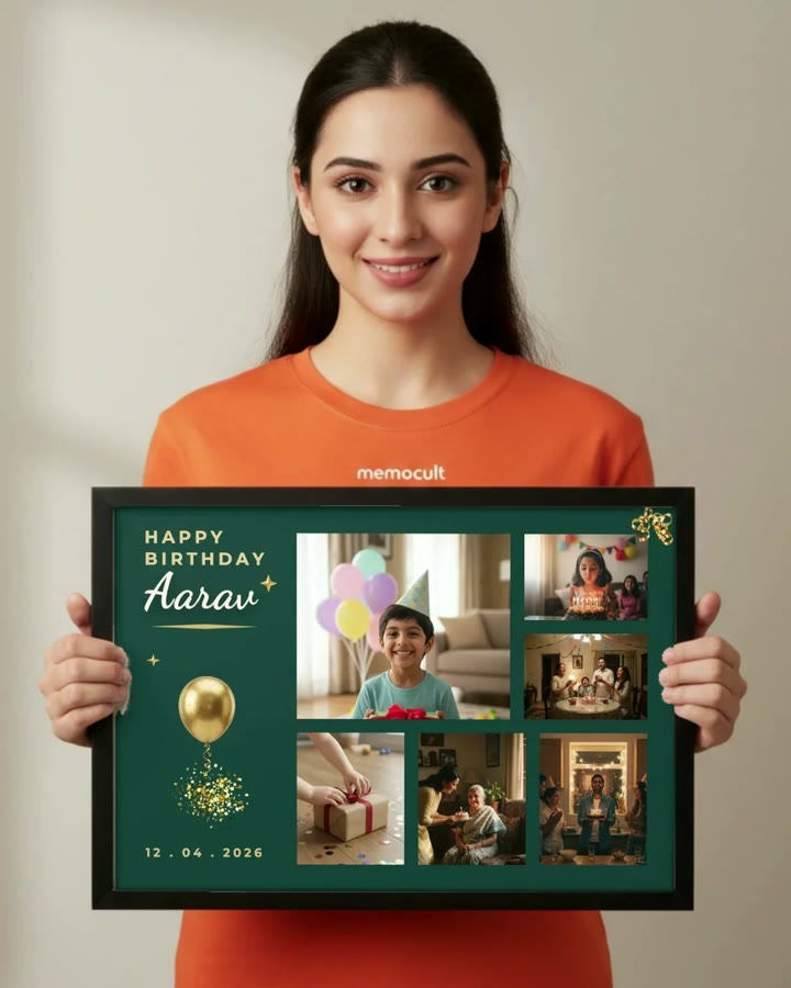 A person holds a framed collage print; it lifts and tilts to show the frame's edge and settles back