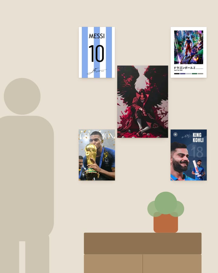 A five-print wall beside a person grows through five layouts to seventeen frames, with a split poster in the centre, then fills with prints and folds back