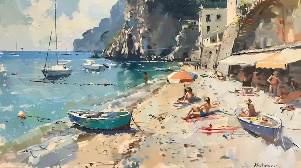 Mediterranean Beach With Boats And People Wall Art — Memocult