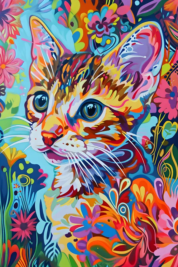 Colorful Cat With Flowers Wall Art — Memocult