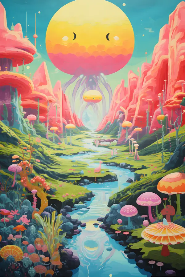 Smiling Sun Mushroom Landscape Wall Art — Memocult